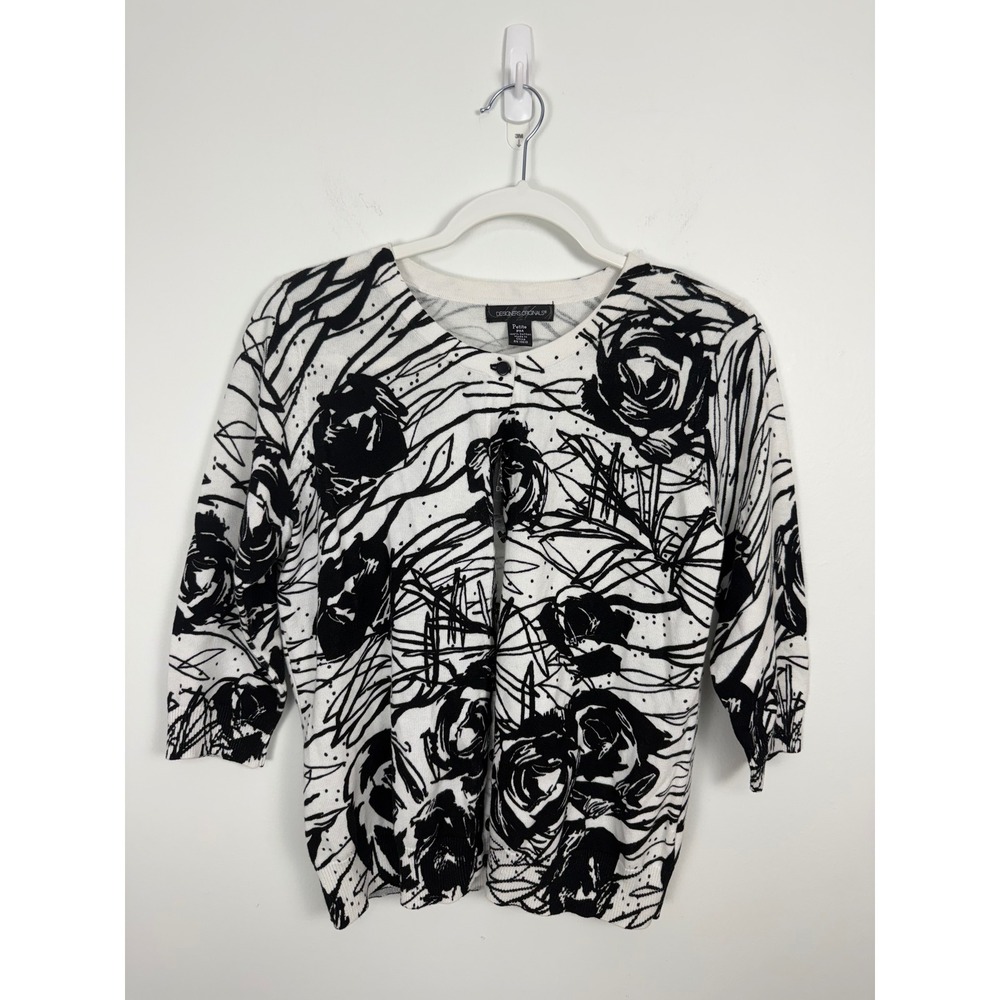 Designers Originals Petite Floral Cardigan White Black Cotton Sweater PM 1618KPC
